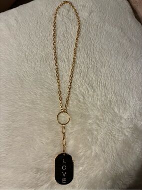 Gold Long Chain Pendant Necklace with 'LOVE' Tag